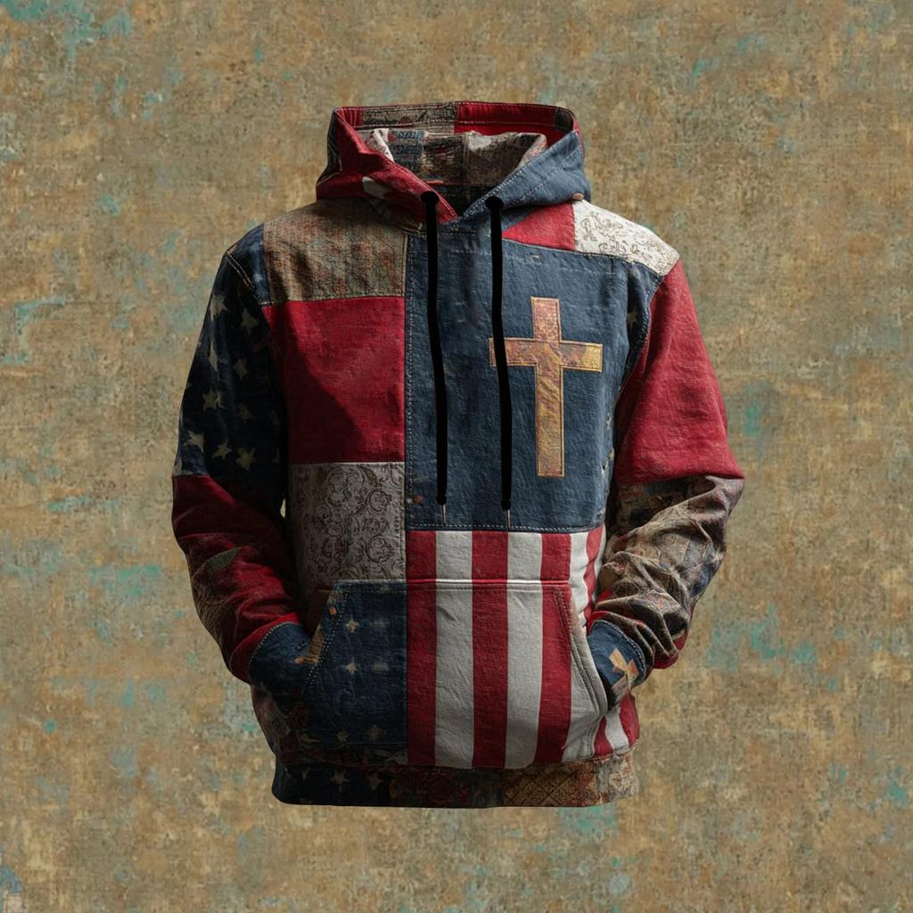 Men's Vintage Casual American Flag Cross Hoodie Patriotic Shirt