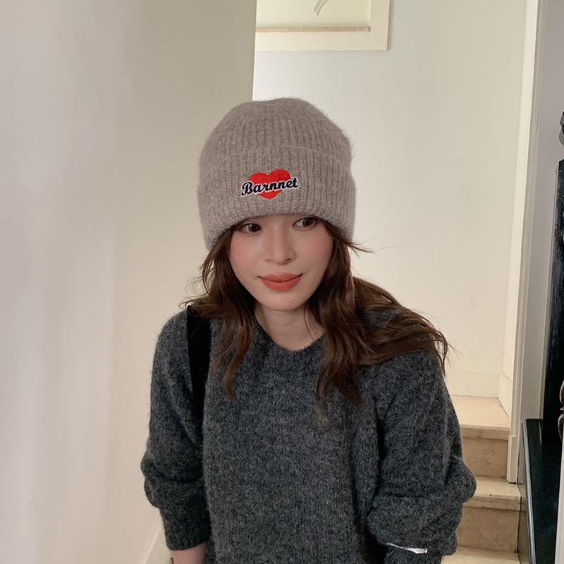 

Korean Version of Ins Love Embroidered Plush Knitted Hat for Women in Autumn and Winter Versatile and Cute Woolen Hat Warm Ear Protection Headgear One Size