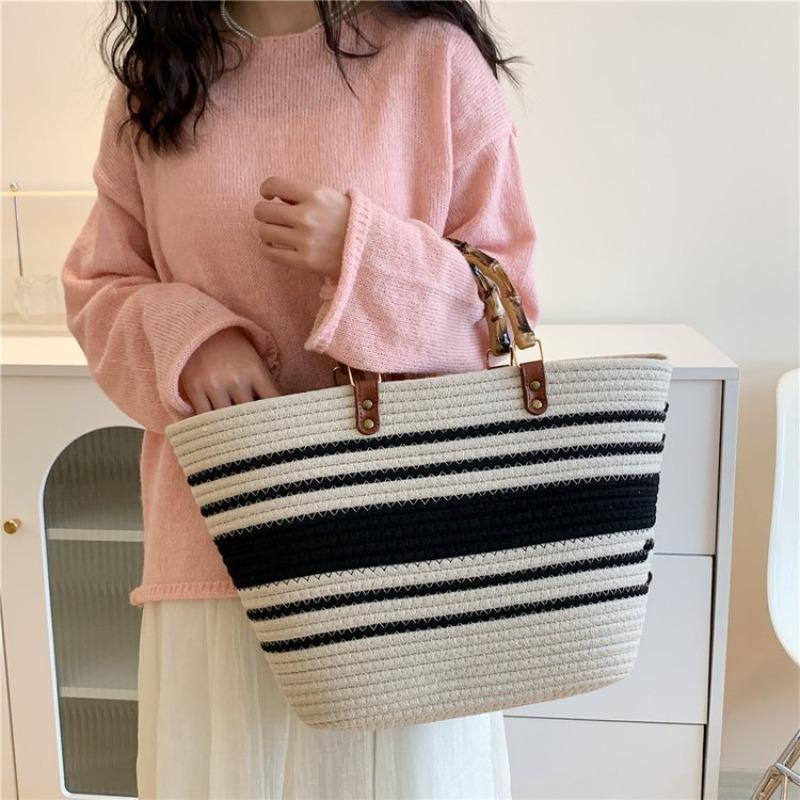 New Striped Hand-held Straw Bag Cotton Rope Machine Nail Woven Bag Large Capacity Seaside Vacation Tote Beach Bag