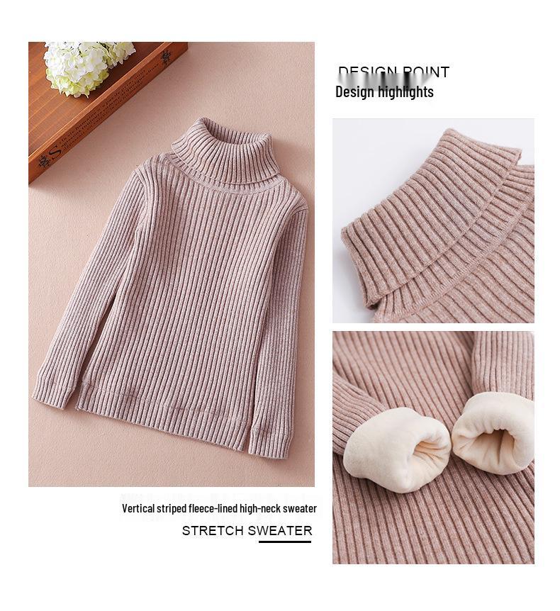 Children's Slim Fit Knit Sweater with High Neck and Velvet Lining for Autumn and Winter.