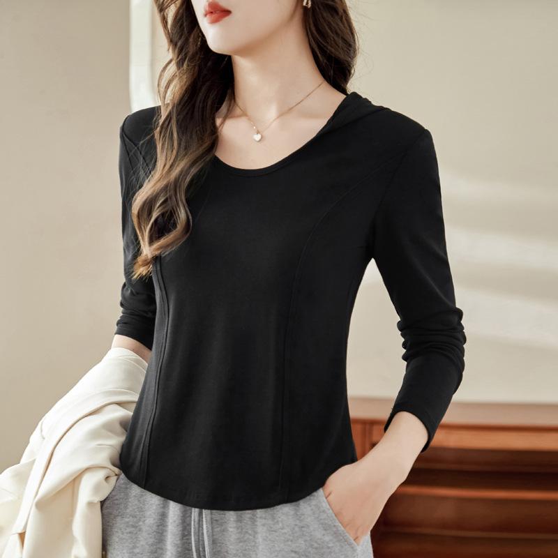 Autumn Women's Round Neck Hooded Round Hem High Stretch Long Sleeve T-Shirt