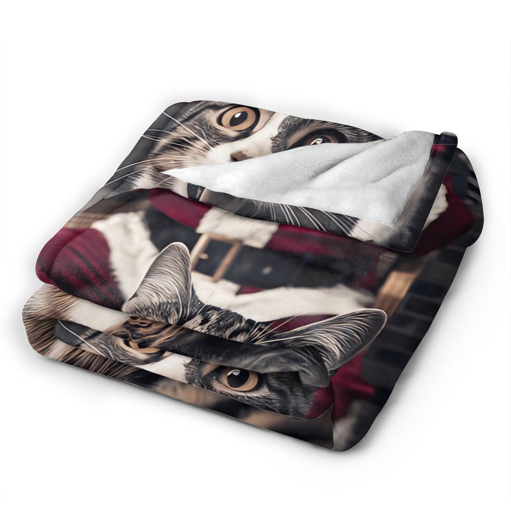 Cat Selfie with Santa Flannel Blanket Winter Soft Durable Bedding Throws for Child Living Room Pattern Bedspread Sofa Bed Cover