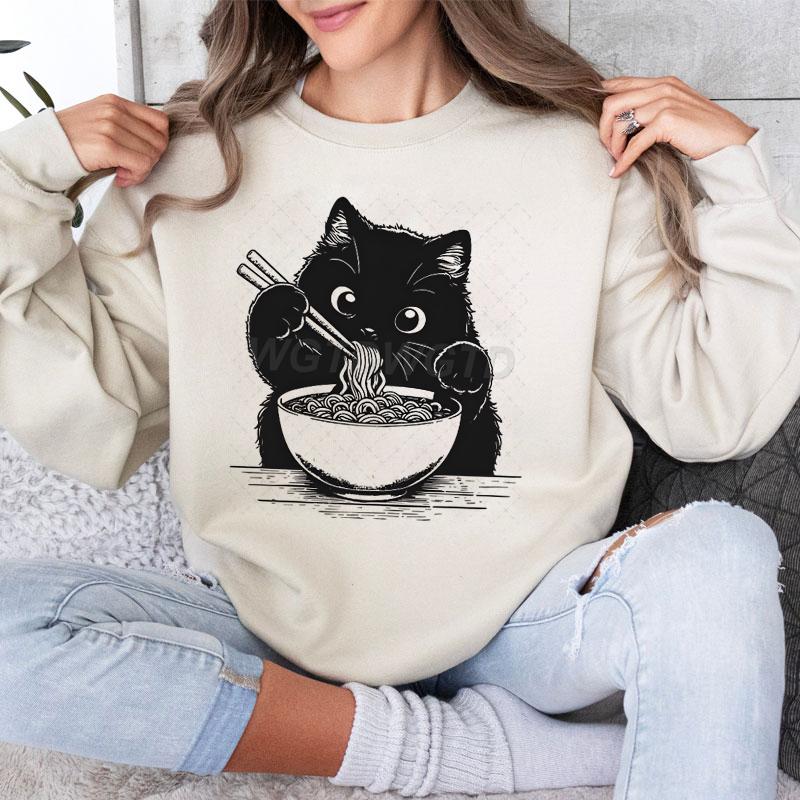 Cat Lover Cartoon Sweatshirt Cat Eating Lamian Noodles Printed Fashion Casual Hoodie Japanese Noodle Cat Vintage Women's Clothing