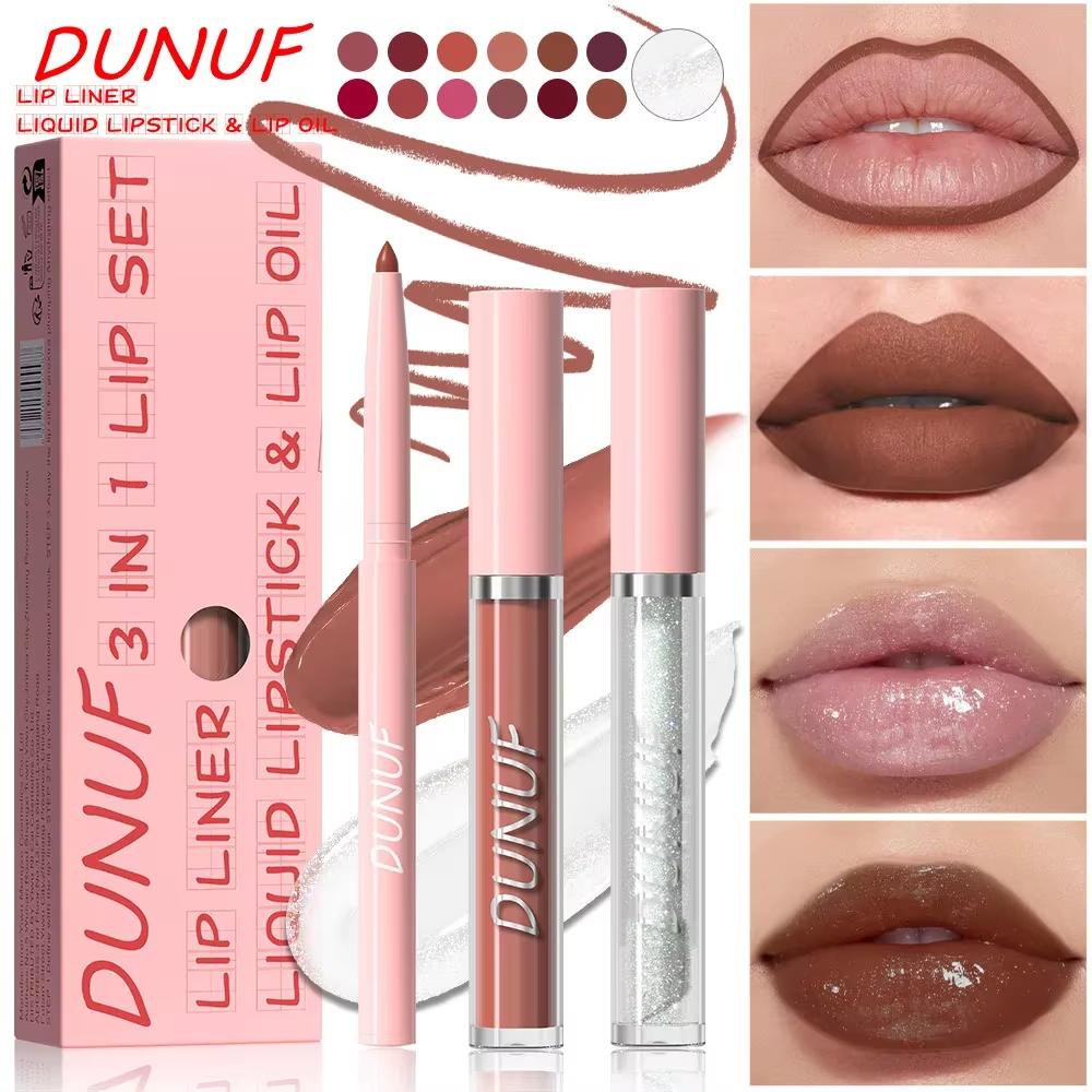 

[Waterproof Lip Gloss] 3pcs Set Waterproof and Sweat Resistant Lip Gloss Lip Liner Lip Glaze Set Durable Easy To Color Matte Lip Gloss Set Lipstick