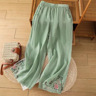Summer Office Lady Simplicity Embroidered Elastic Waist Wide Leg Pants Ladies Chinese Style Cotton Thin Loose Waist Trousers