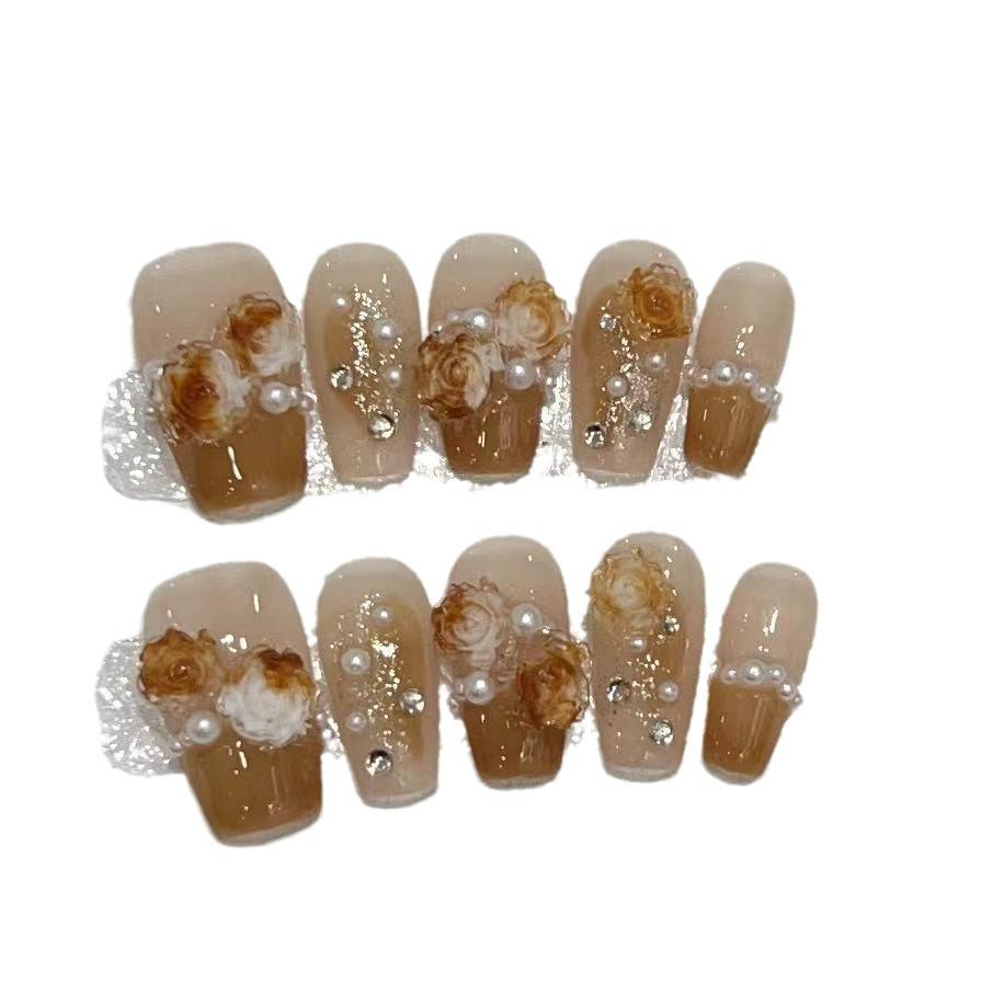 Flowers and Brocades Wear Nail Pieces Handmade High-end Caramel Color French Rose Manicure Fake Nails Removable