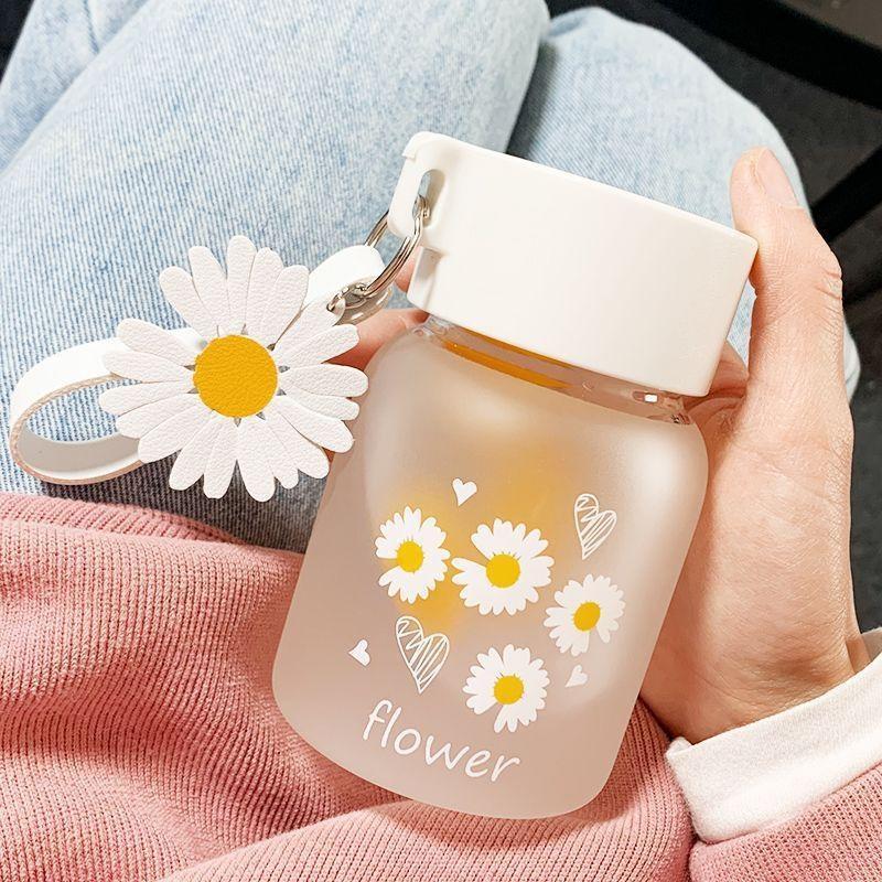 Frosted Glass Water Bottle Adorable Cute Print Lightweight Portable Carry Strap 500ml for Girls School Outdoor Use