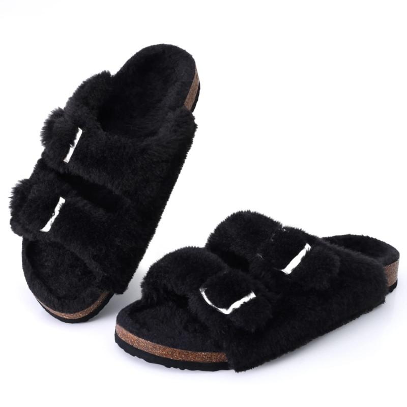 Fashion Kidmi Womens Fuzzy Slippers with Arch Support Adjustable Buckles New Fashion Cork Footbed Slides Open Toe Indoor Shoes for Women
