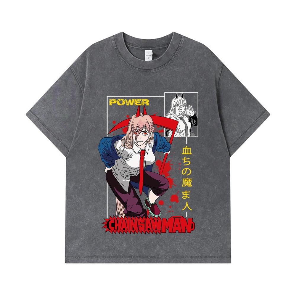 275 GSM Washed T-shirts 100% Cotton Chainsaw Man V40 Power Print Unisex Heavy Cotton T Shirt