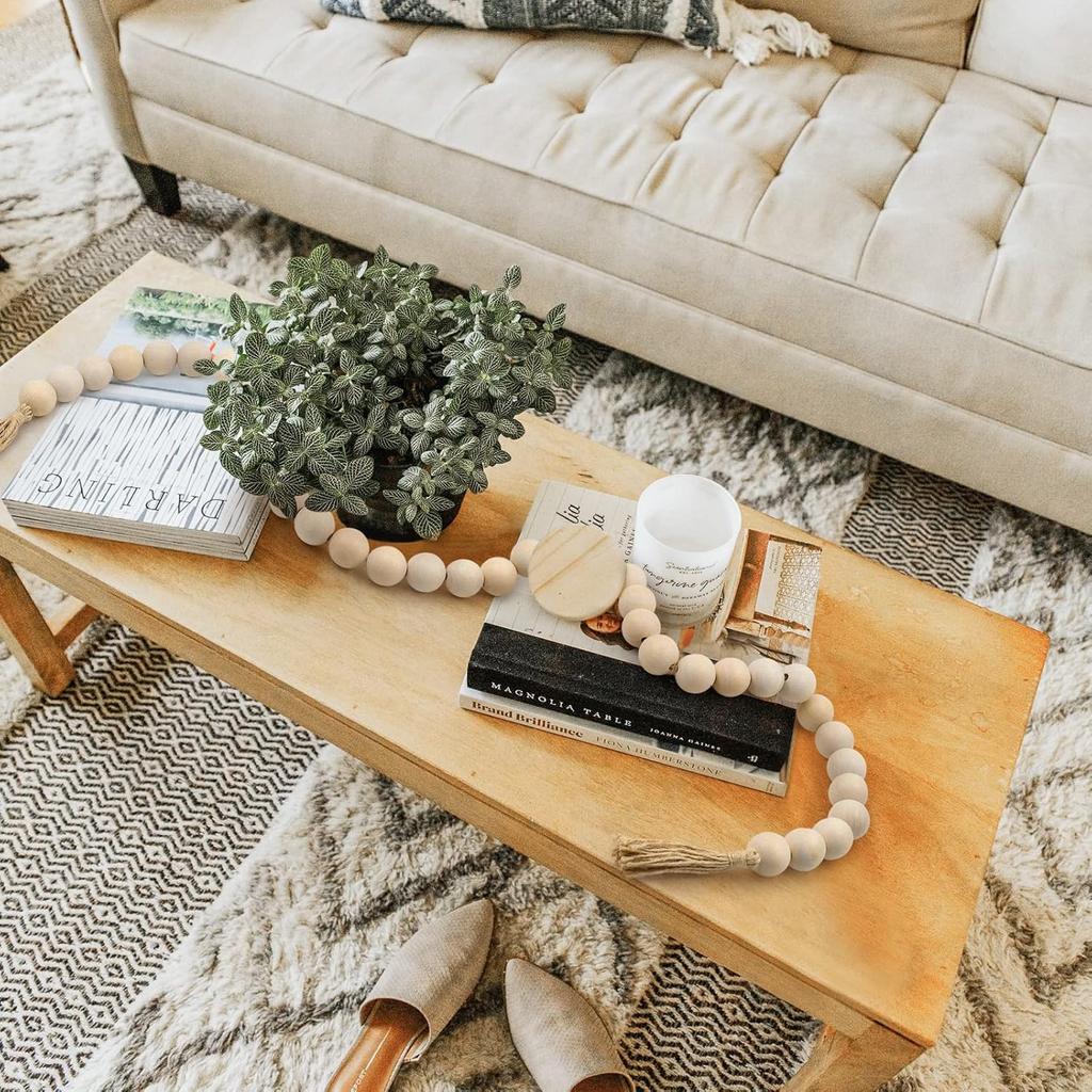 AceList 72in Large Wood Bead Garland Decorative Beads with Tassels, Long Wooden Beads Garland, Coffee Table Decor, Perfect Boho Farmhouse Bookshelf