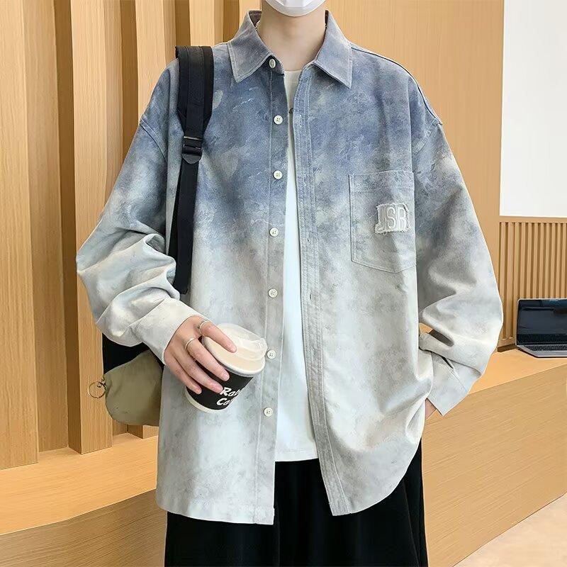 Men Loose Large Size Gradient Turn Down Collar Long Sleeve Casual Shirt Jacket