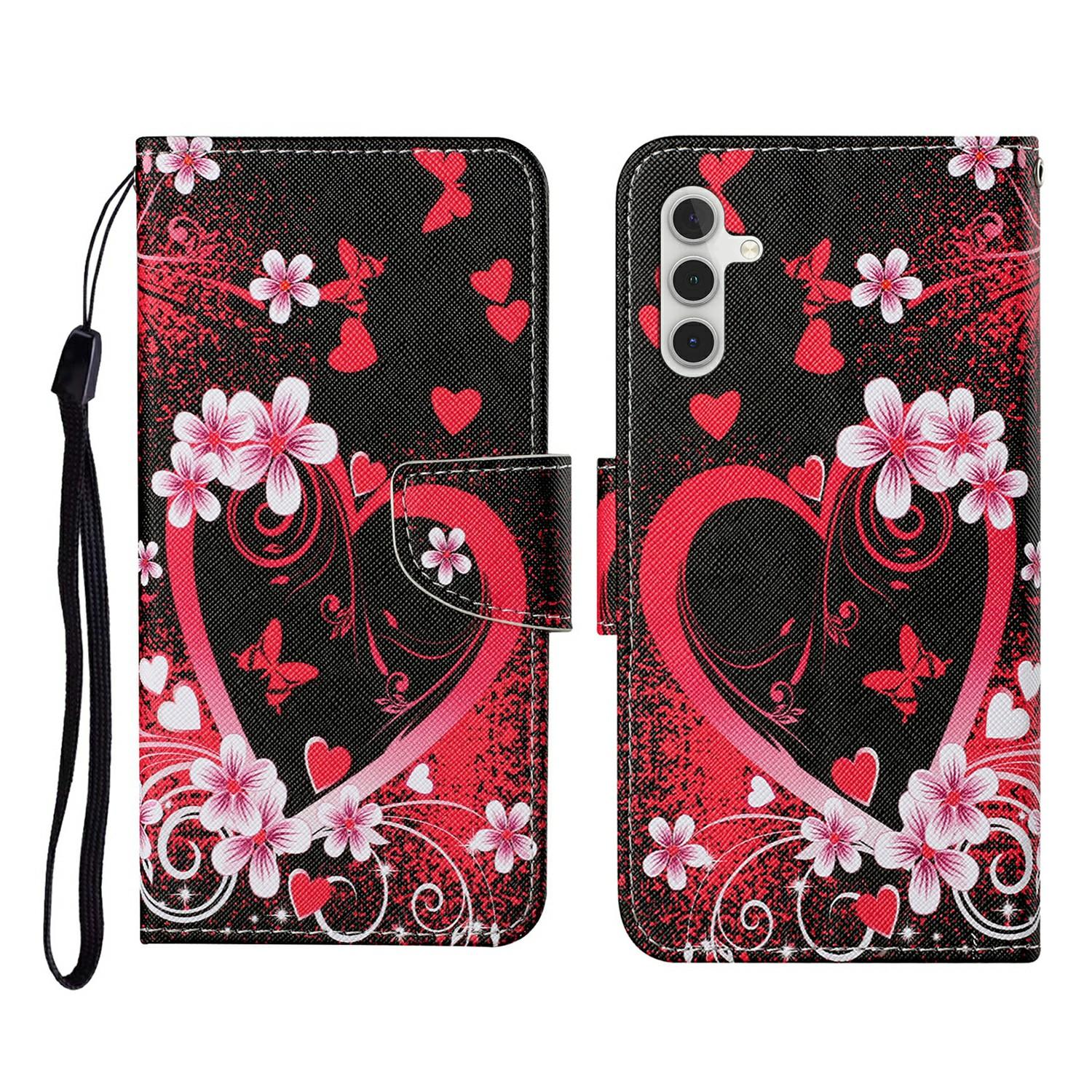 

For Samsung Galaxy A56 5G Case Pattern Printing Protective Leather Folio Phone Cover with Wrist Strap Red Heart