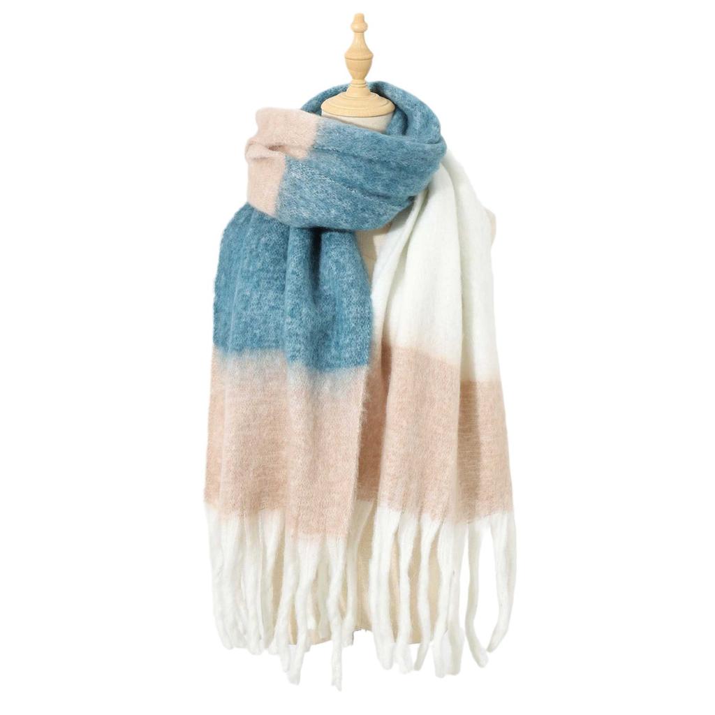 New Mohair Color Matching Fringed Scarf Women's Autumn and Winter Advanced Sense Contrasting Colors Thickened Warm and Comfortable Versatile Scarf