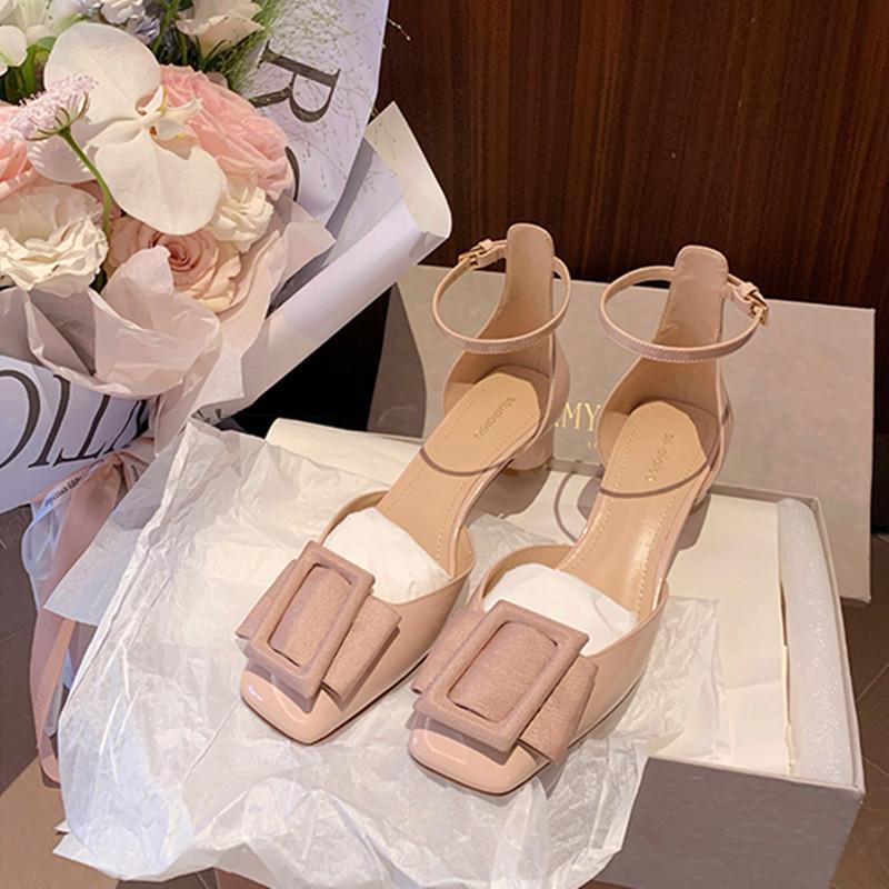 

Grape mother of the same style, sexy square head with high heels, hollow single shoes, diagonal buckle, light mouth thick heel sandals, women s summer 34