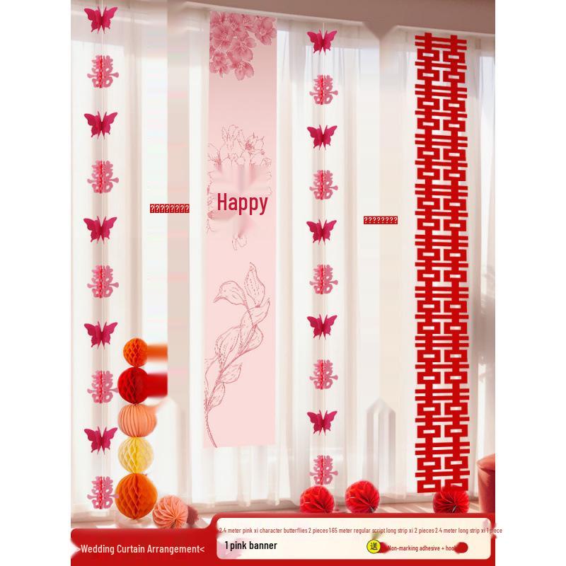 Wedding Room Decor Set: Double Happiness Curtains, Bay Window Trim, Bedroom Bows