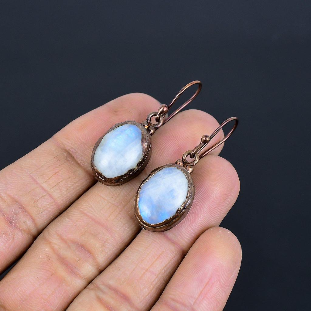 Rainbow Moonstone Earrings Gemstone Jewelry, Copper Electroformed Earrings, Handmade Beautiful Jewelry Earrings