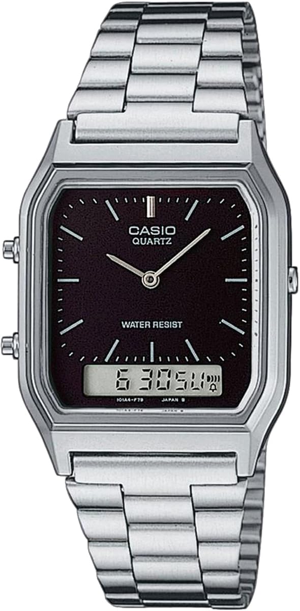 

Casio Ana-Digi Analog Digi Quartz Wristwatch, Vintage Series, AQ-230 Series, Unisex, Dual Time, Overseas Model, Black AQ-230A-1DMQ, Bracelet Type
