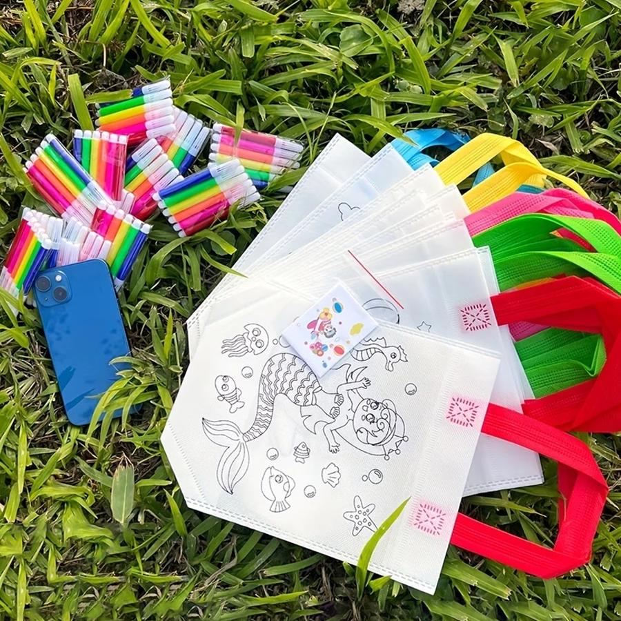 4/10/20pcs Non-woven Tote Bag & 6-Color Mini Watercolor Pen, DIY Graffiti Art Supplies Birthday Party Handcraft Painting Art XJM