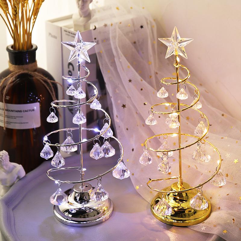 D2 LED Christmas Tree Lamp Small Crystal Decorative Iron Tree Night Light Desk Ornament for Gift Golden Table Lamp Warm Lights
