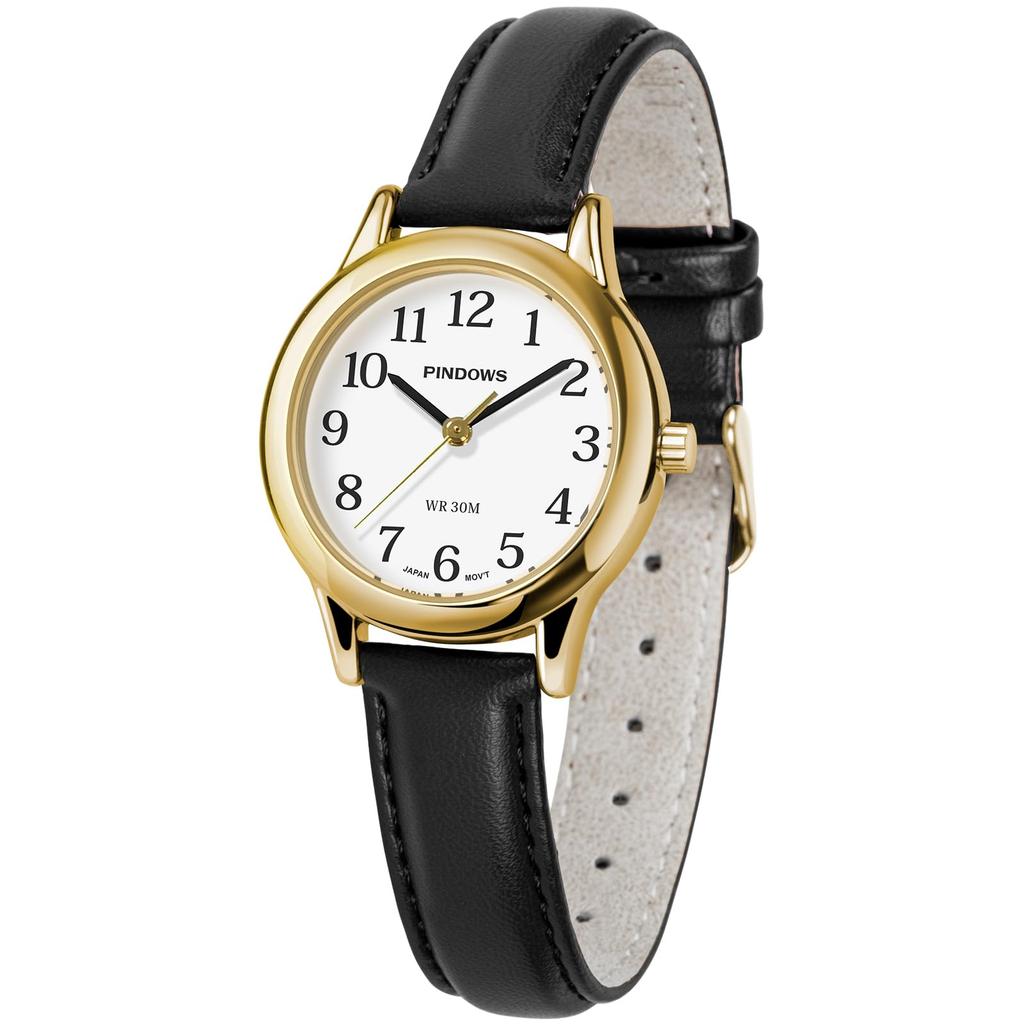 PINDOWS Slim Minimalist Quartz Analog Watch with Black Leather Strap and Case A Stylish and Elegant Everyday Watch Women's Gold-Tone -