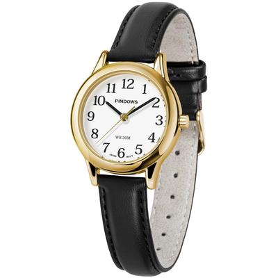 Reloj de Pulsera Analógico de Cuarzo Minimalista Delgado para Mujer PINDOWS con Correa de Cuero Negra y Caja Dorada - Un Reloj Elegante y con Estilo para el Día a Día