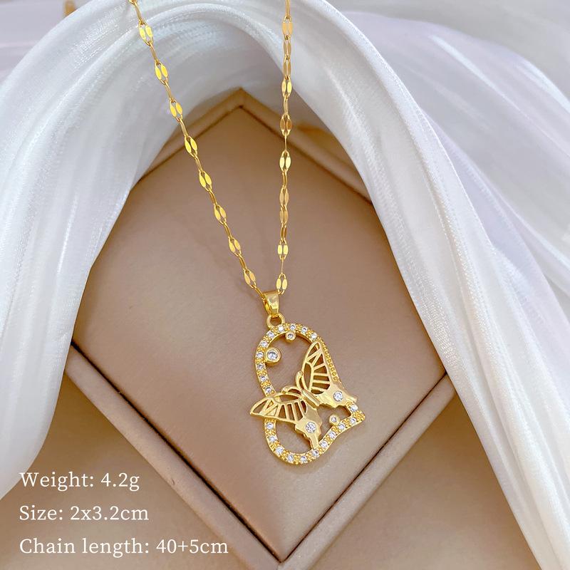 Титановая сталь Любовь Бабочка Жемчуг Легкая роскошь Темперамент Великолепный Полностью бриллиантовое ожерелье Женская универсальная цепочка на ключицу Титановая стальная цепочка