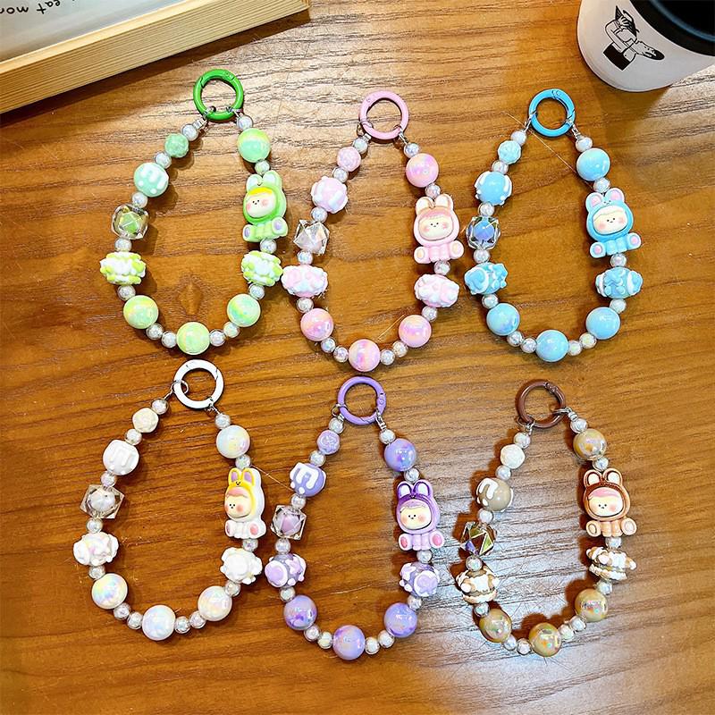 Cute Cartoon Beaded Lanyard & Wrist Strap with Keyring and Bag Charm for Little Girls