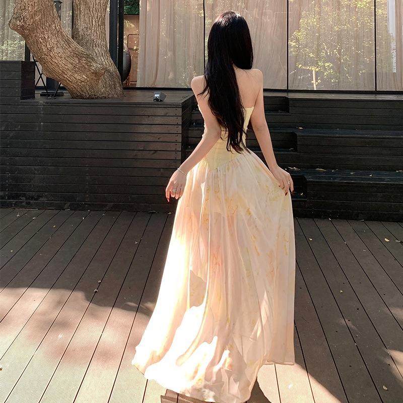 Lace Splicing Print Suspender Skirt Irregular Split Tube Top Skirt Seaside Travel Photo Dress Beach