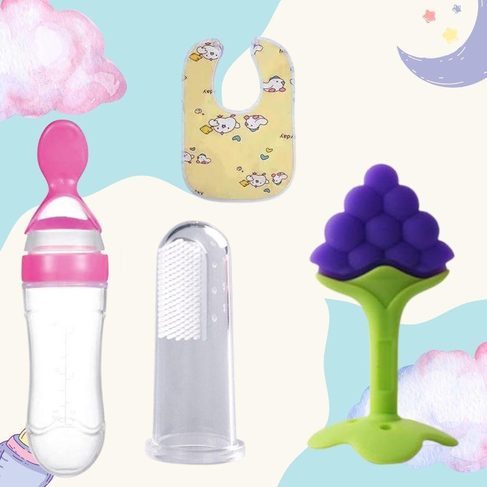 Baby Feeding & Care Combo – Teether, Finger Brush, Spoon Feeder Bottle & Silicone Bib (Pack of 4)