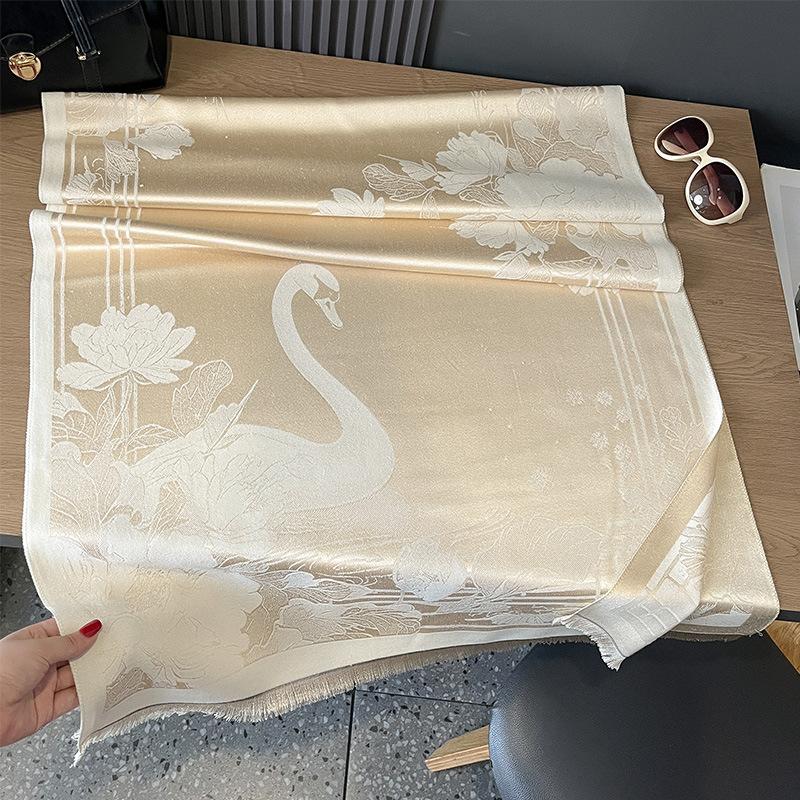 

Зимний двухсторонний хлопок Tencel античный лебедь лист лотоса цветок лотоса простой и элегантный утолщенный теплый шарф платок для комнаты с кондиционером 180*65 бежевый