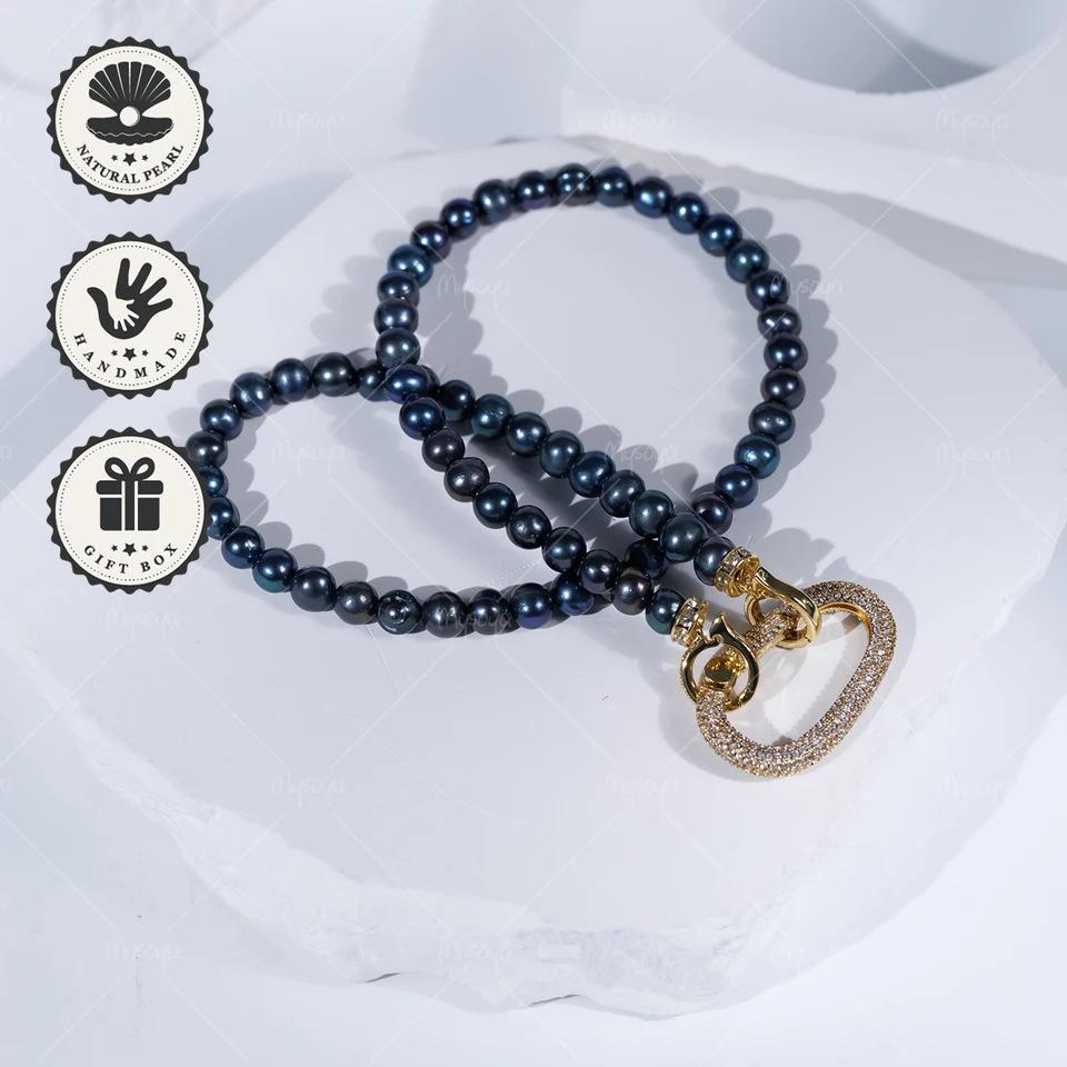 MYSOYA Peacock Black Freshwater Pearl Necklace with Gold Oval CZ Clasp 6-7mm - C547 14-inch Model