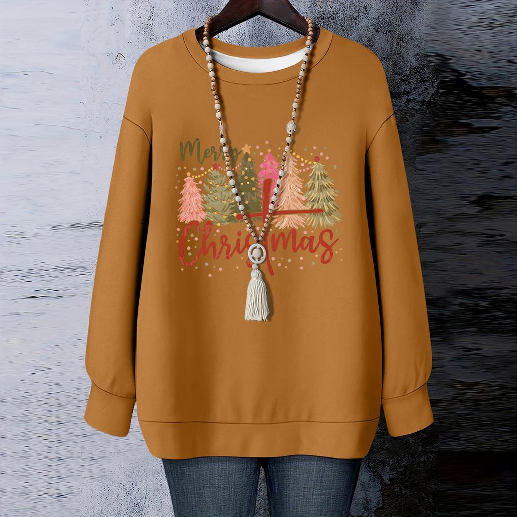 Ladies' Christmas Printed Round Neck Long Sleeved T-shirt Sweatshirt Top