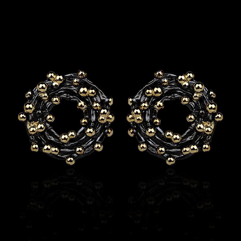 Exquisite Rice Beads Handmade Earrings Black Gold Earrings Circle Geometric Black Gold Earrings Party Cocktail Party Jewelry