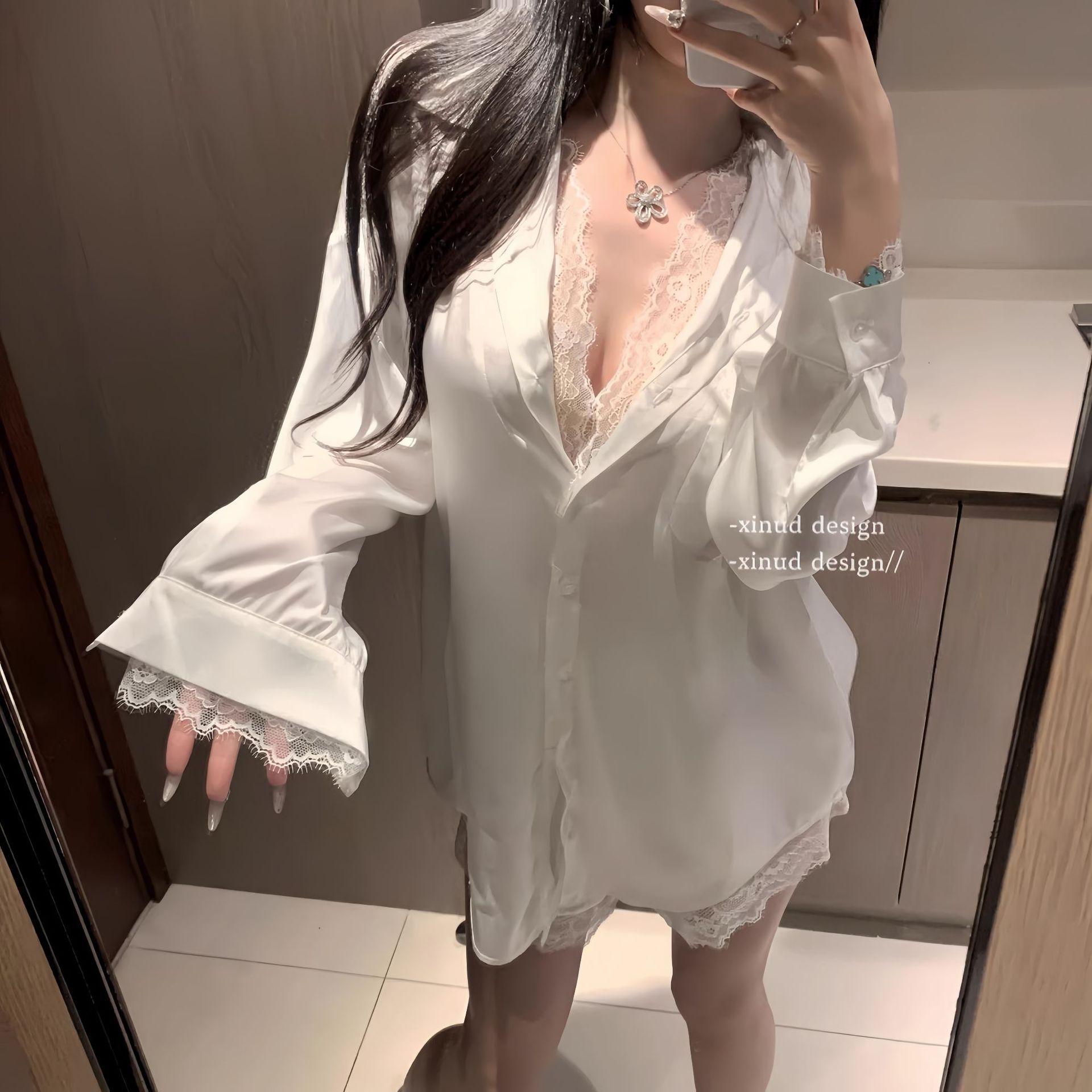 

Su Xing boyfriend style shirt ice silk sexy large size pure lust lace satin fake two-piece nightdress M size 40-60kg