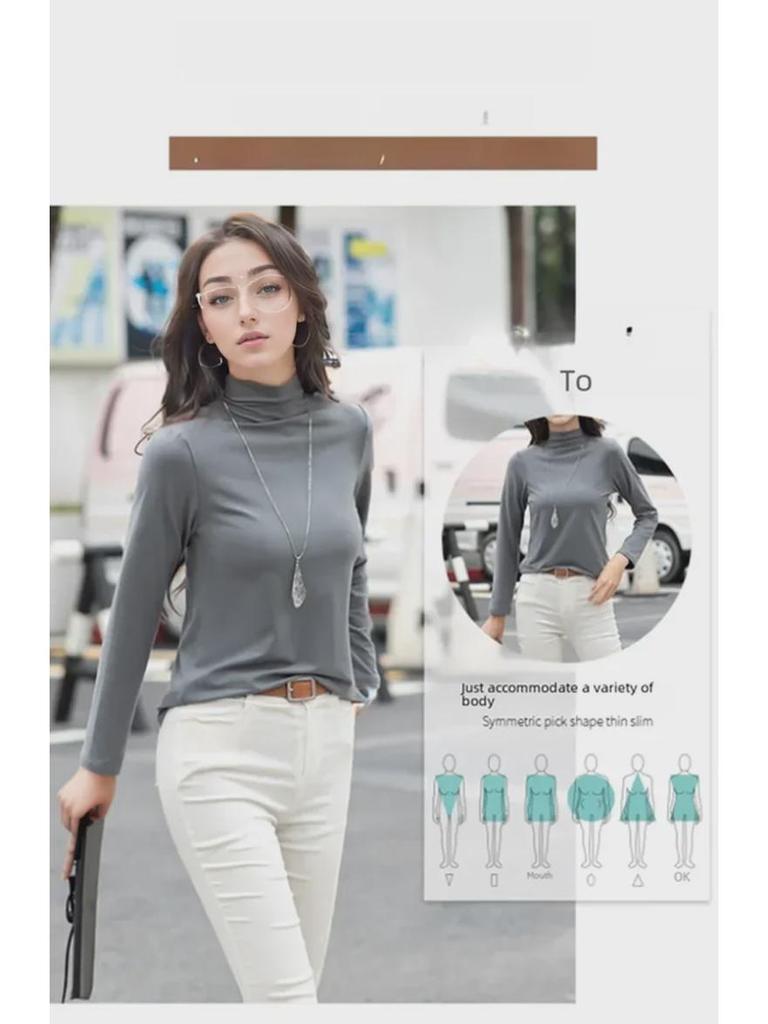 Women's Black Milk Silk Long Sleeve Half Turtleneck T-Shirt with Plus Velvet, All-Season, 2025 New Style