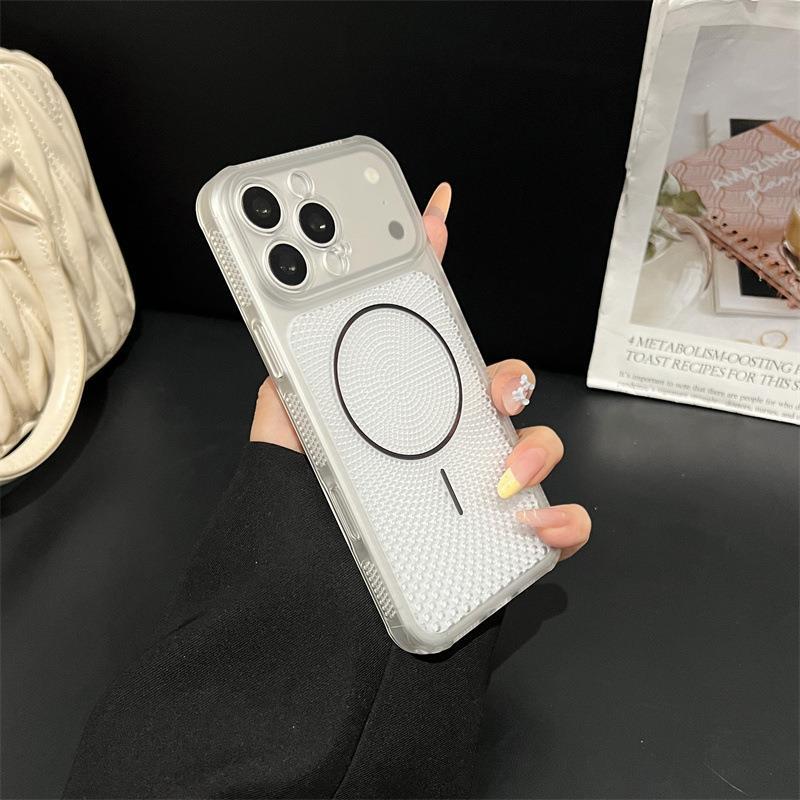 Ice crystal hollow thin ring magnetic attraction is suitable for iPhone17promax all-inclusive mobile phone case heat dissipation solid color Apple 16