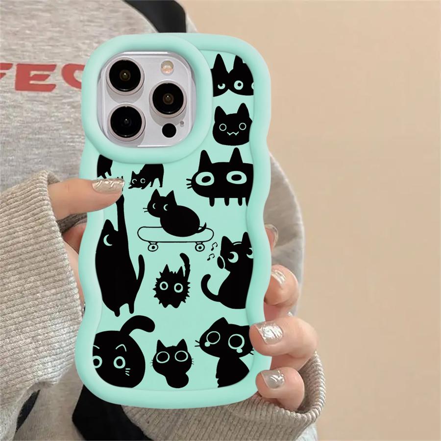 Black Cat Cartoon Soft Phone Cover Case for iPhone 16 Pro Max 11 17 Air 15 Plus 12 14 8 XR 13