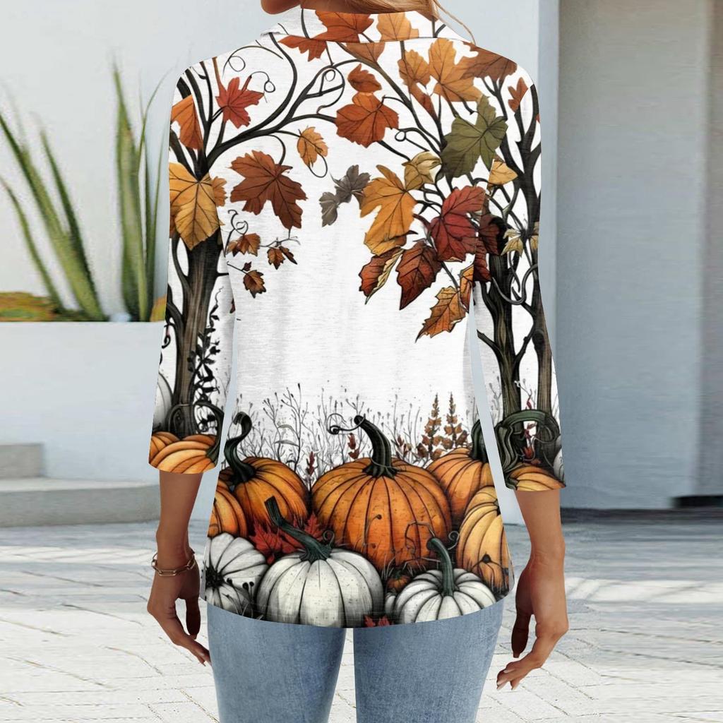 Women's Fashion Casual Lapel Short 3/4 Sleeve Halloween Print Shirt Women's Button Up Tops