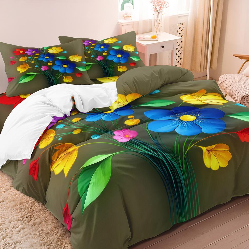 3pcs Colorful Floral Plant Pattern Ultra-Soft Brushed Digital Print 3D Flat Printing Duvet Cover  Set, Soft and Comfortable