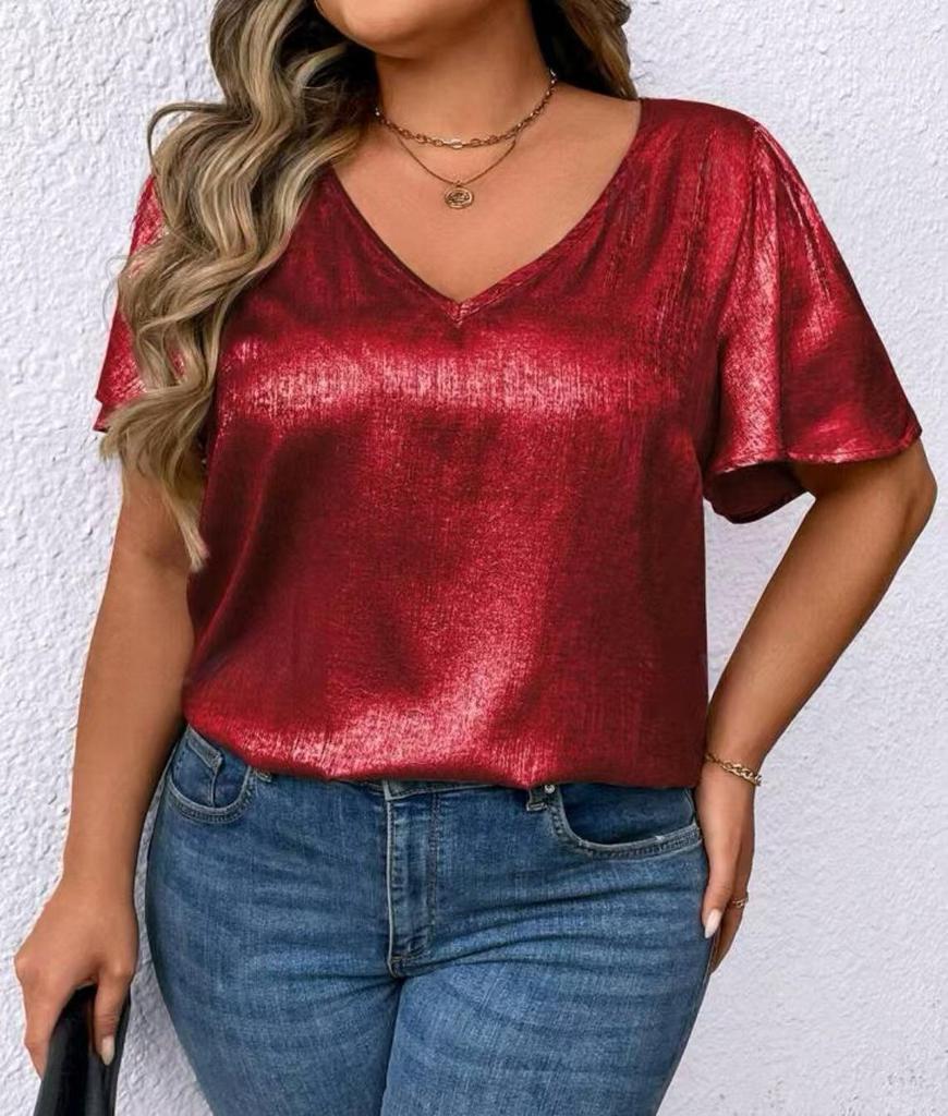 T-shirt Manches Courtes Uni Col en V Coupe Ample pour Femme Printemps/Été 2026