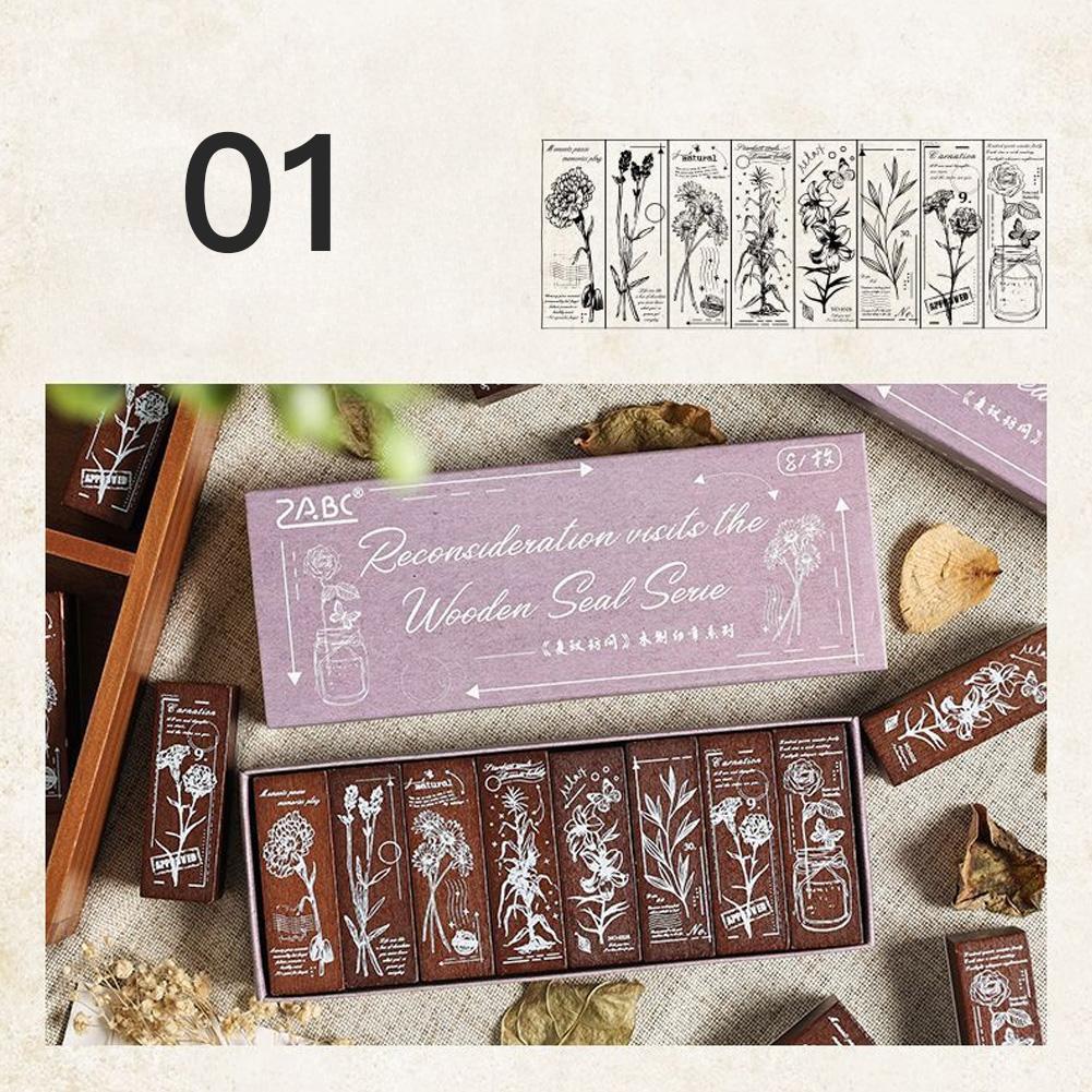 

8Pcs/Set Wooden Stamp Retro Art Floral Pattern Seal Ink Pad Journaling Scrapbooking DIY Diary Decoration Gift #01