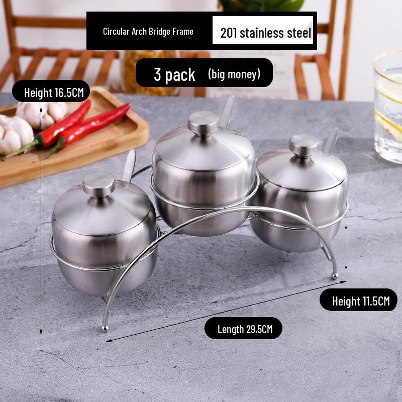 Gold Korean-Style Seasoning Jars, 201 Stainless Steel with Glass Lids On Tray, for Restaurant Use.