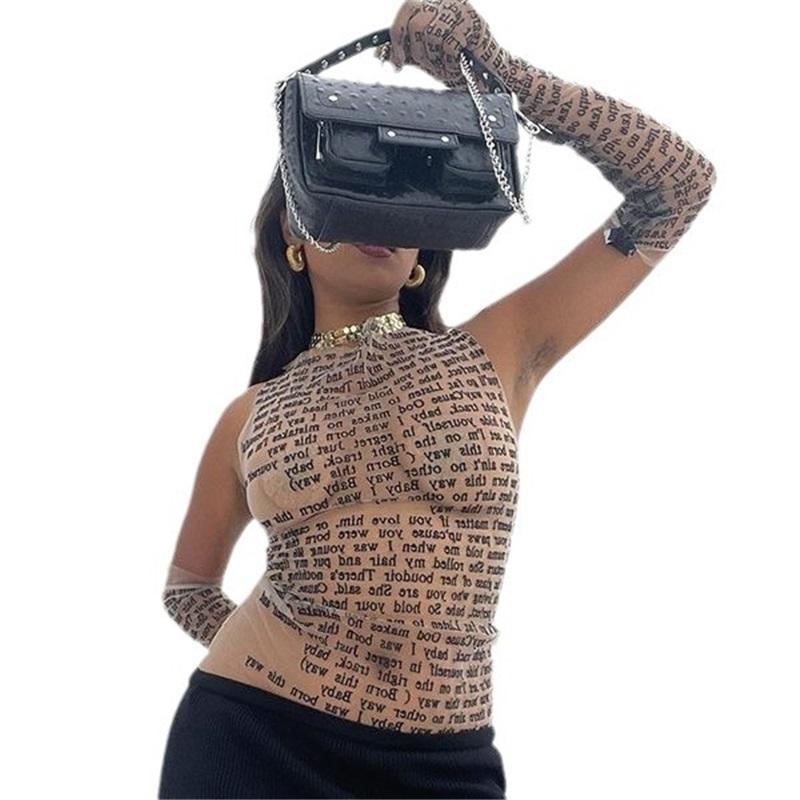 Tooxika Women's Round Neck Pullover Mesh Letter Print Sexy See-through T-shirt