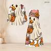 Women Plus Size Two Piece Set Halloween Printed Three Quarter Sleeve Cardigan Sleeveless Long Dress