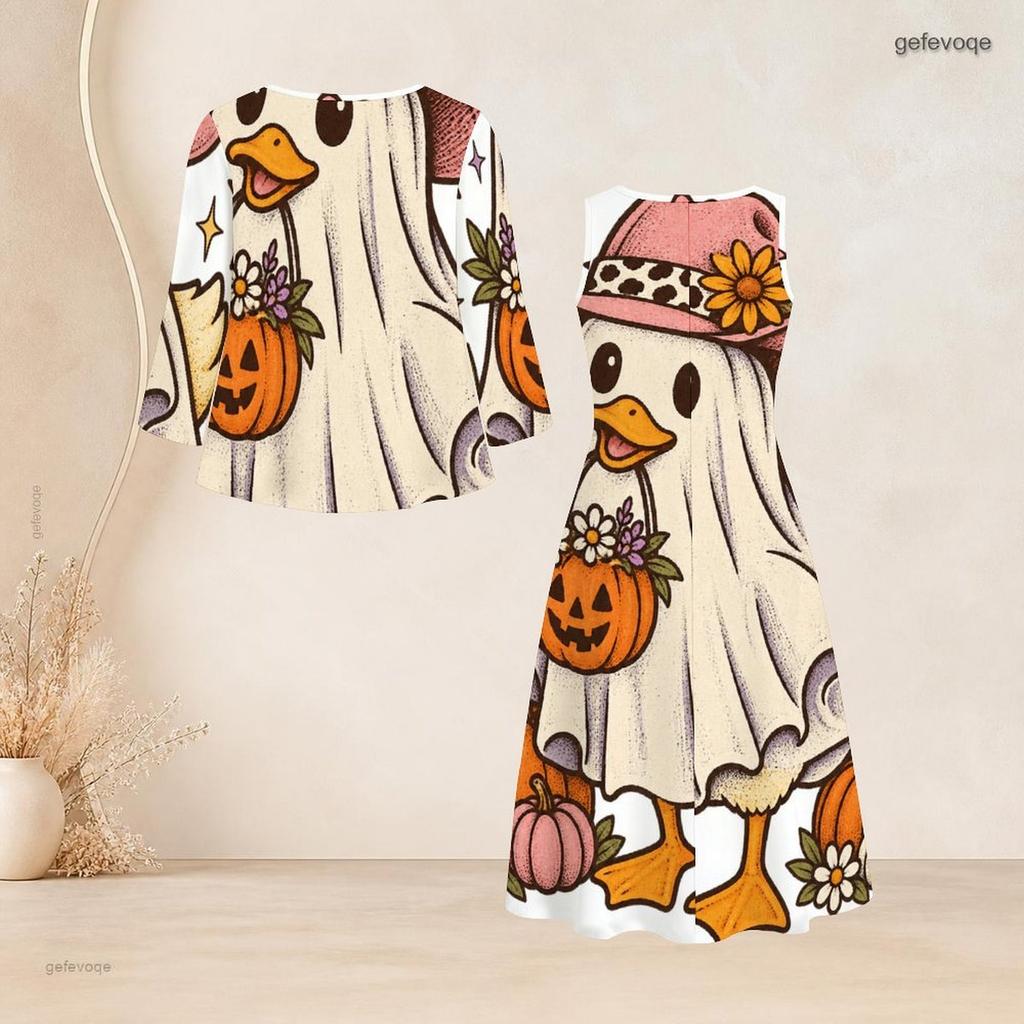 Women Plus Size Two Piece Set Halloween Printed Three Quarter Sleeve Cardigan Sleeveless Long Dress