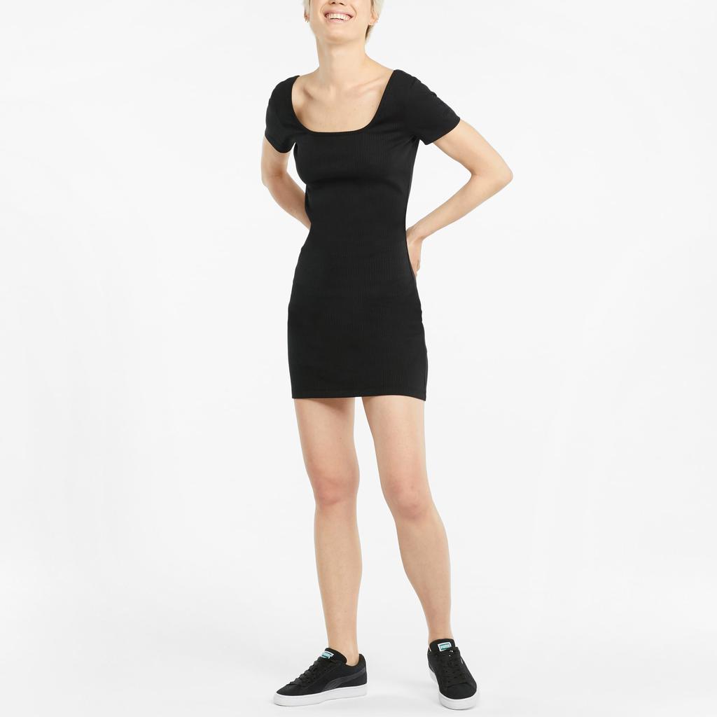 Puma Classics Logo Solid Color Casual Ribbed Pullover Comfortable Breathable Square Neck Short Sleeve Dress Women dresses Black 531615-01