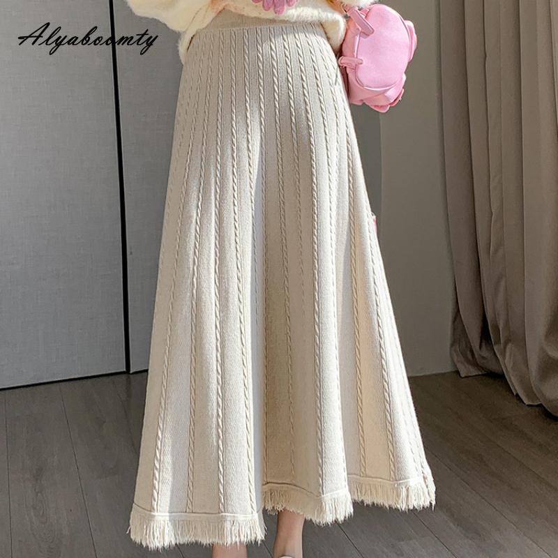 Koreanische Mode Herbst Winter Frauen Midi Rock Hohe Taille Grau Schwarz Aprikose Kaffee Dicke Warme Rock Elegante Quaste Feminine Röcke für frauen