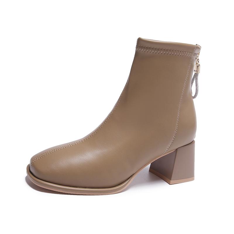 Fashion Block Heel Single Boots Women's Fashion Square Toe Spliced Rear Zipper Anti-Slip Wear-Resistant High Heel Shorthole Boots