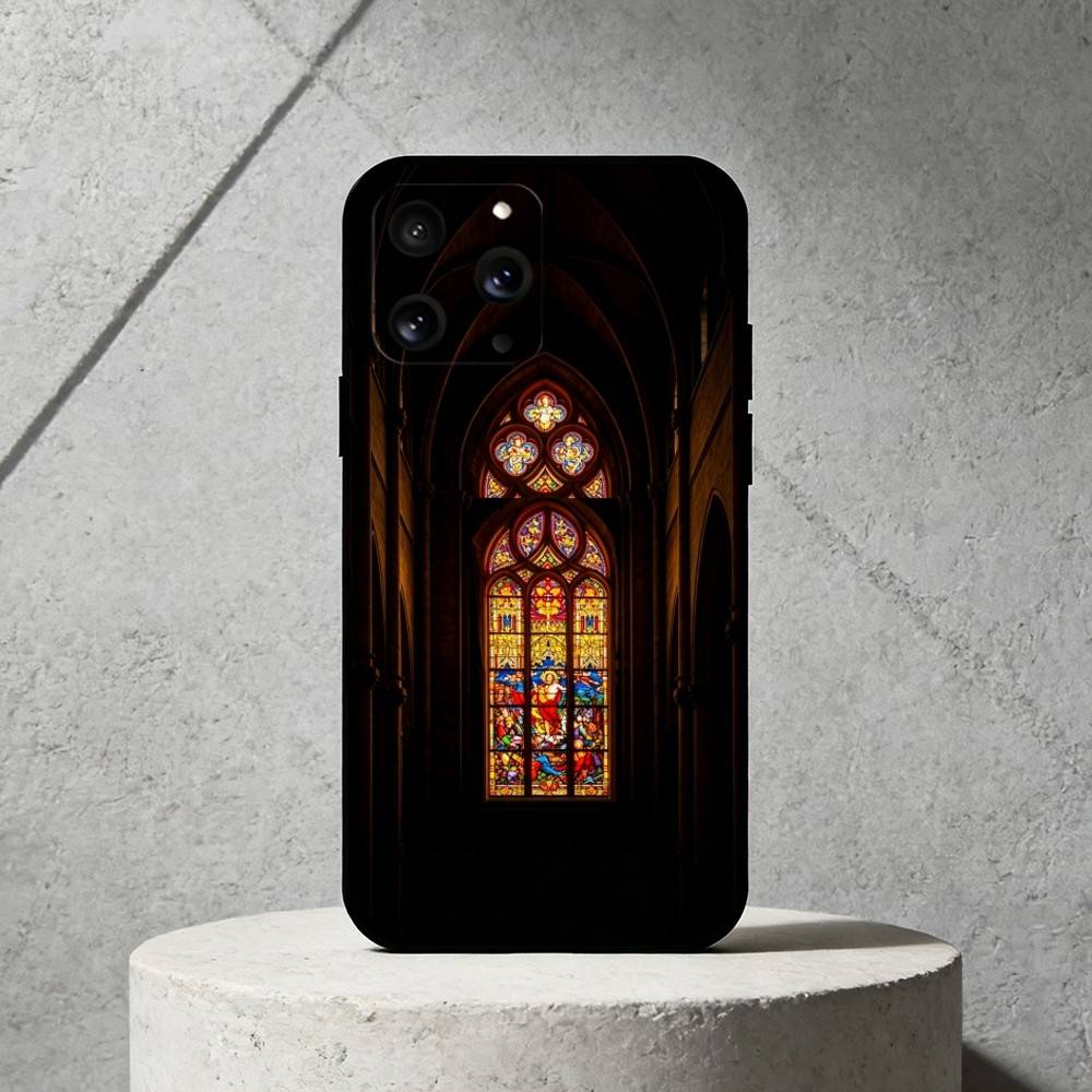 S-Stained Glass Phone Case For iPhone 17,16,15,14,13,12,11 Plus,Pro Max,SE4Soft Silicone Black Cover iPhone16pro