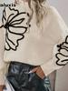 Herbst Winter Neuer Gestrickter Pullover für Damen mit Stickerei und Dreidimensionaler Blume Hoher Kragen Pullover Langarm